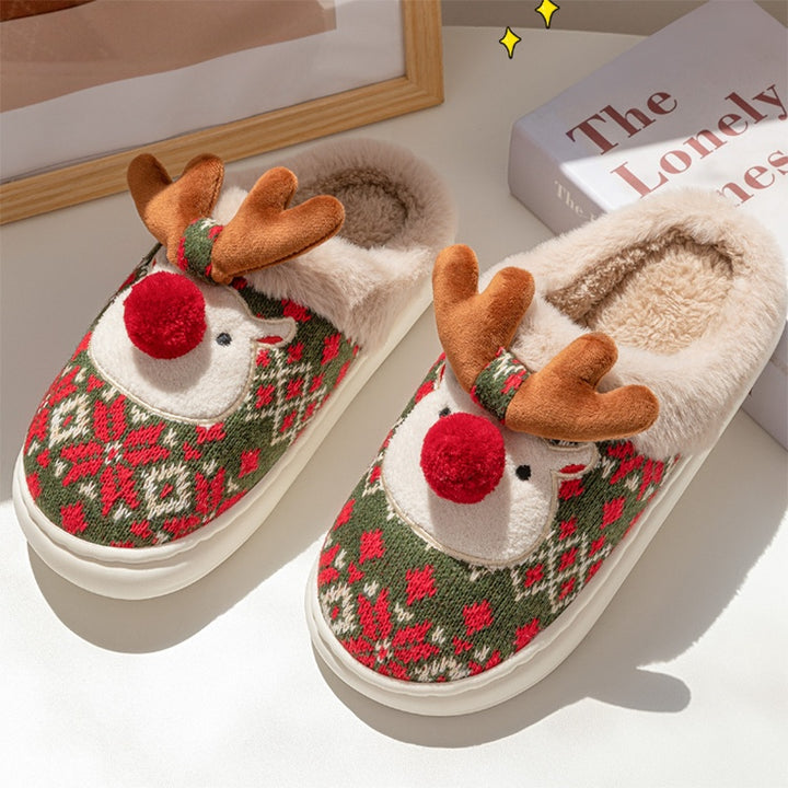 Knit reindeer Christmas slippers with pompom