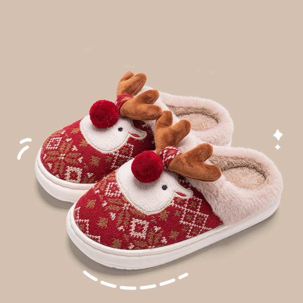 Knit reindeer Christmas slippers with pompom