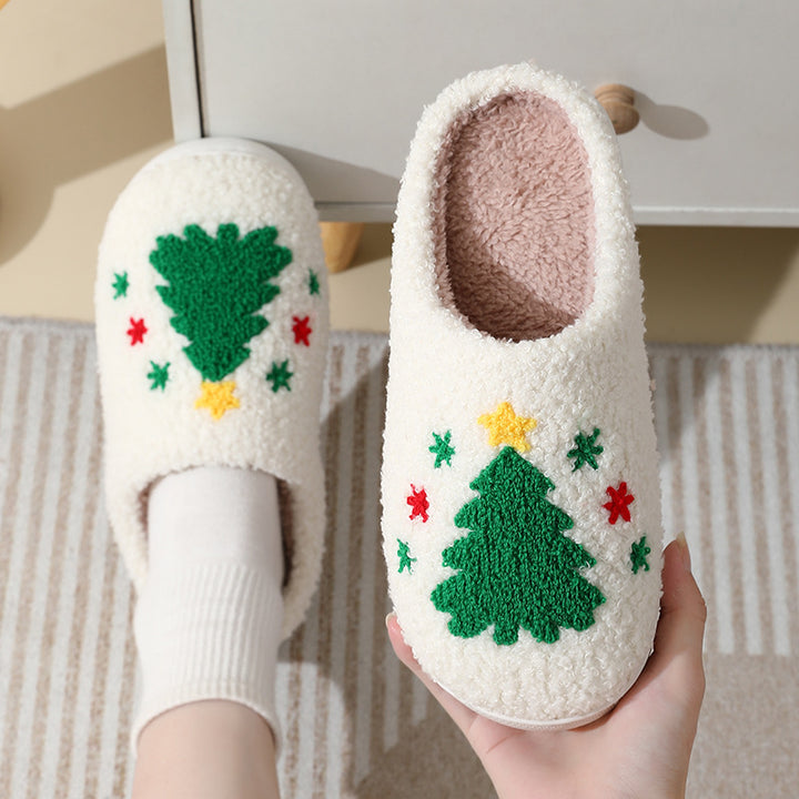 Fluffy embroidered Christmas slippers