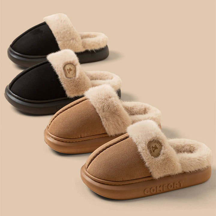 Beige fluffy platform slippers with fur collar