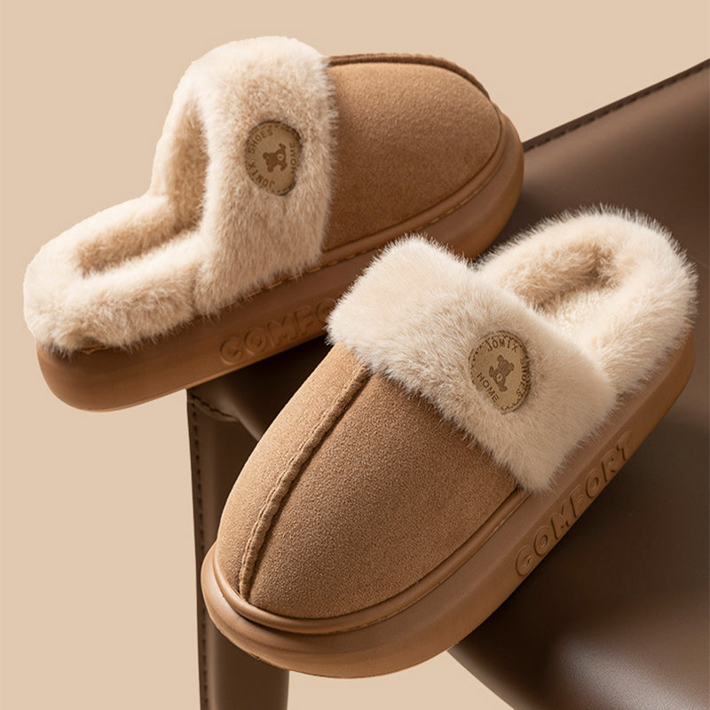 Beige fluffy platform slippers with fur collar