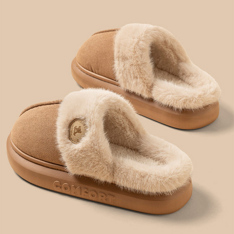 Beige fluffy platform slippers with fur collar
