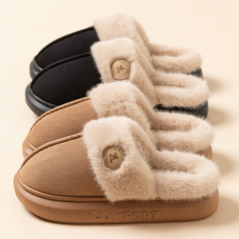 Beige fluffy platform slippers with fur collar