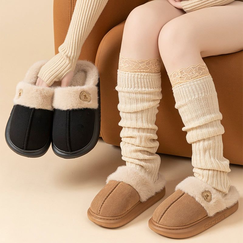 Beige fluffy platform slippers with fur collar