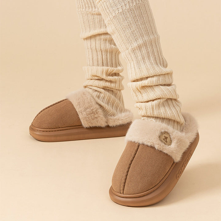 Beige fluffy platform slippers with fur collar