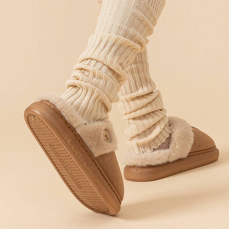 Beige fluffy platform slippers with fur collar
