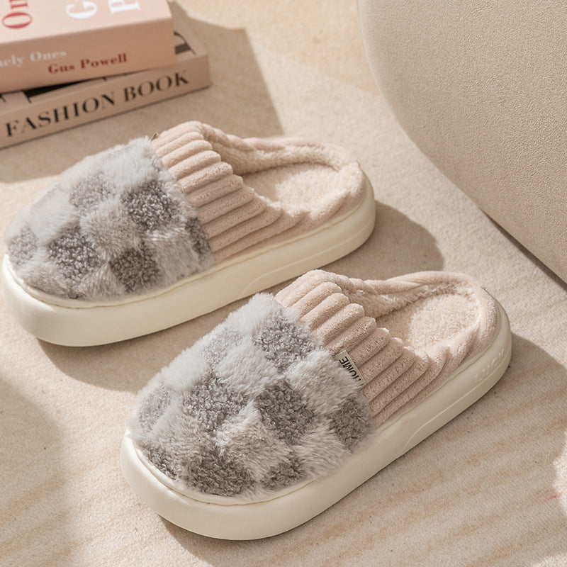 Checkered plush house slippers