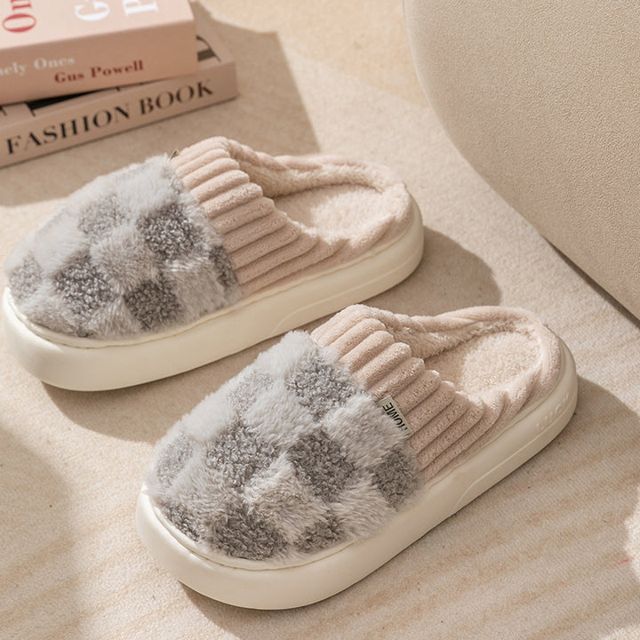 Checkered plush house slippers