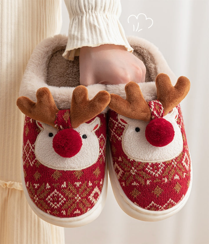 Knit reindeer Christmas slippers with pompom