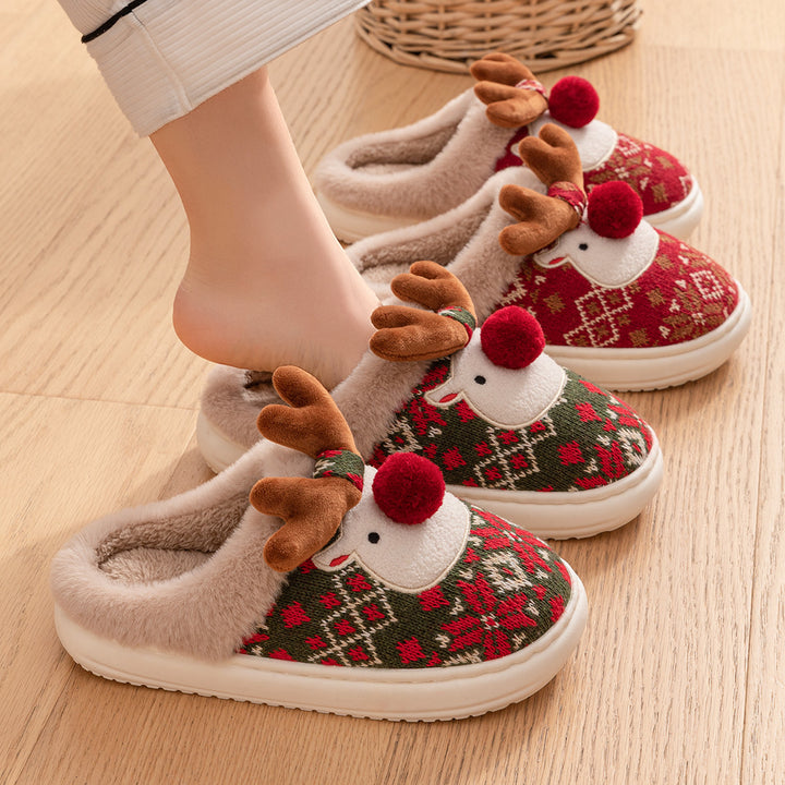 Knit reindeer Christmas slippers with pompom