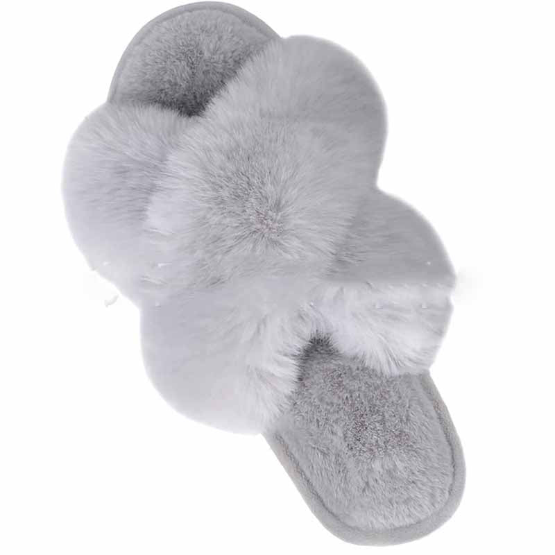 Fluffy criss cross faux fur slides