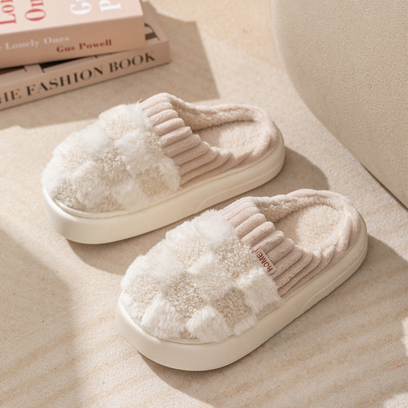 Checkered plush house slippers