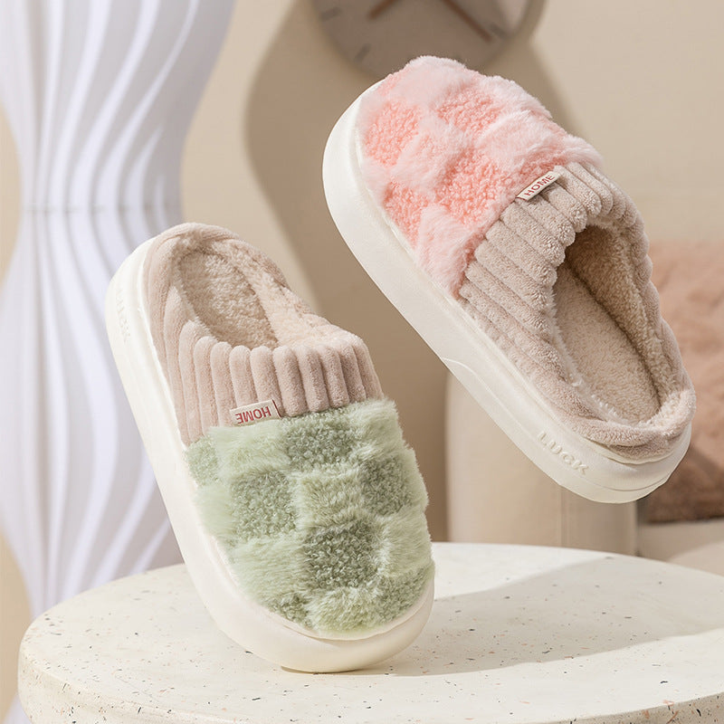 Checkered plush house slippers