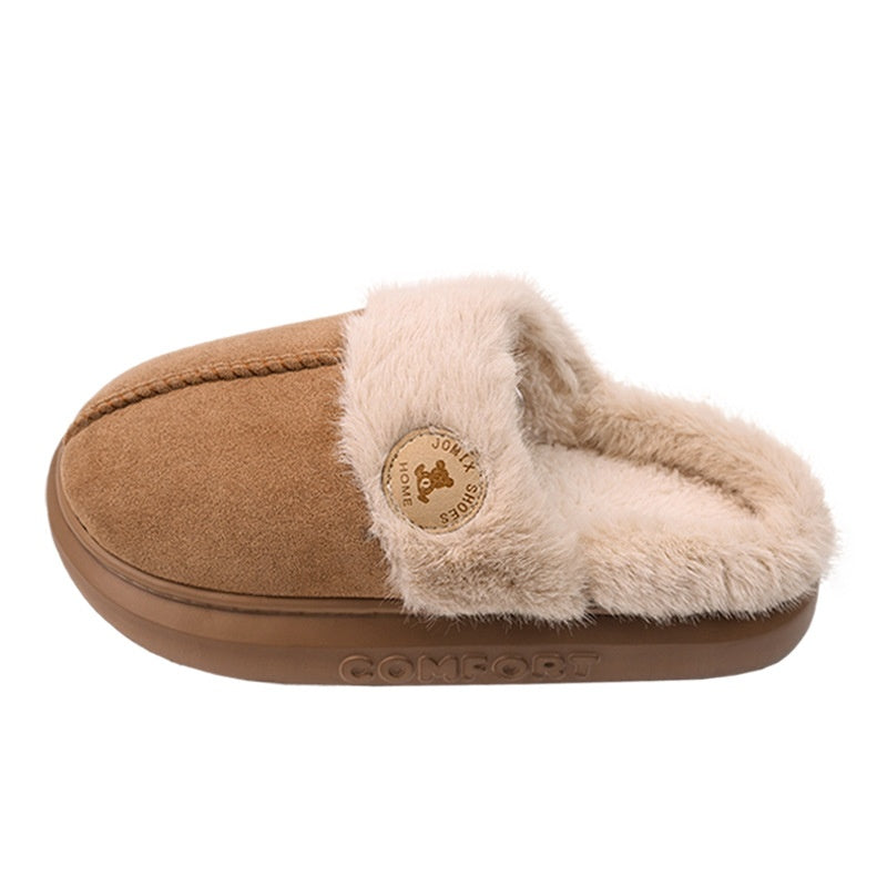 Beige fluffy platform slippers with fur collar