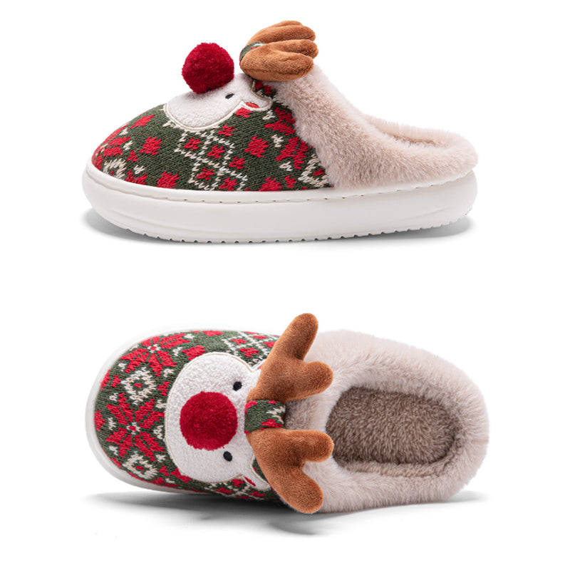 Knit reindeer Christmas slippers with pompom