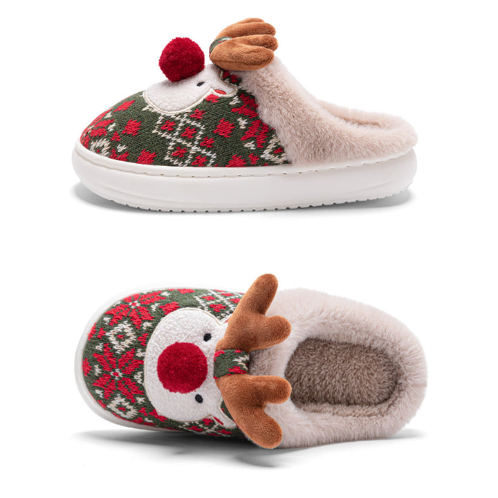 Knit reindeer Christmas slippers with pompom