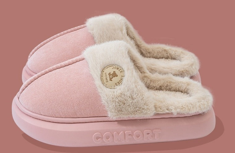 Beige fluffy platform slippers with fur collar