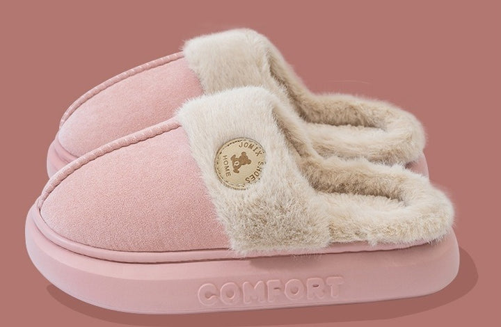 Beige fluffy platform slippers with fur collar