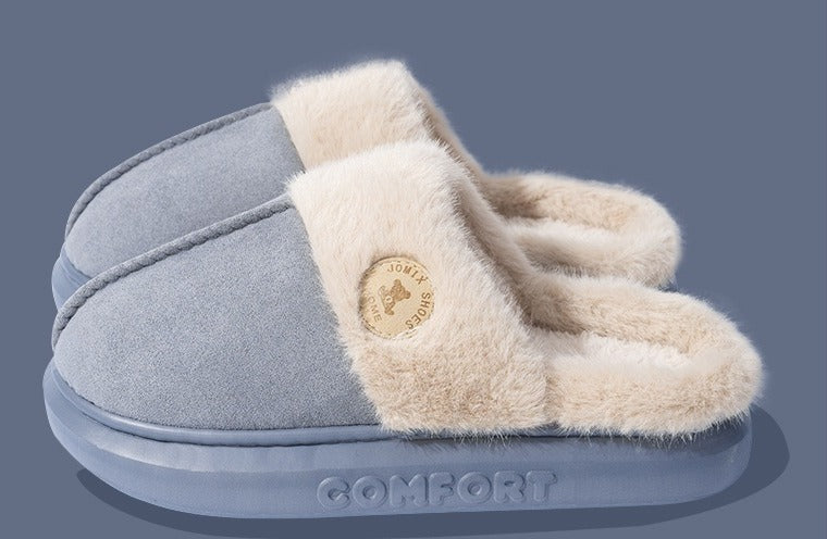 Beige fluffy platform slippers with fur collar