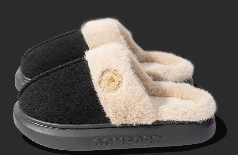 Beige fluffy platform slippers with fur collar