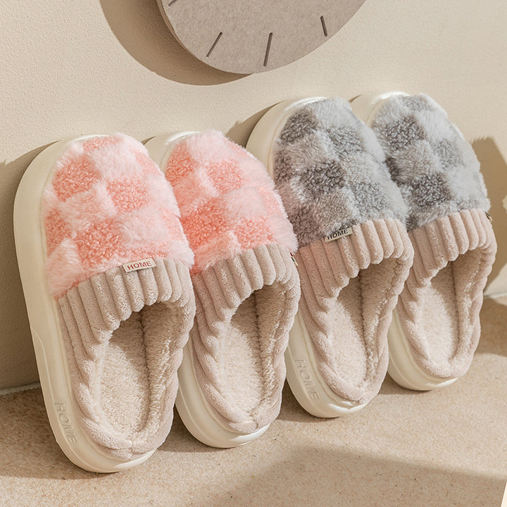 Checkered plush house slippers