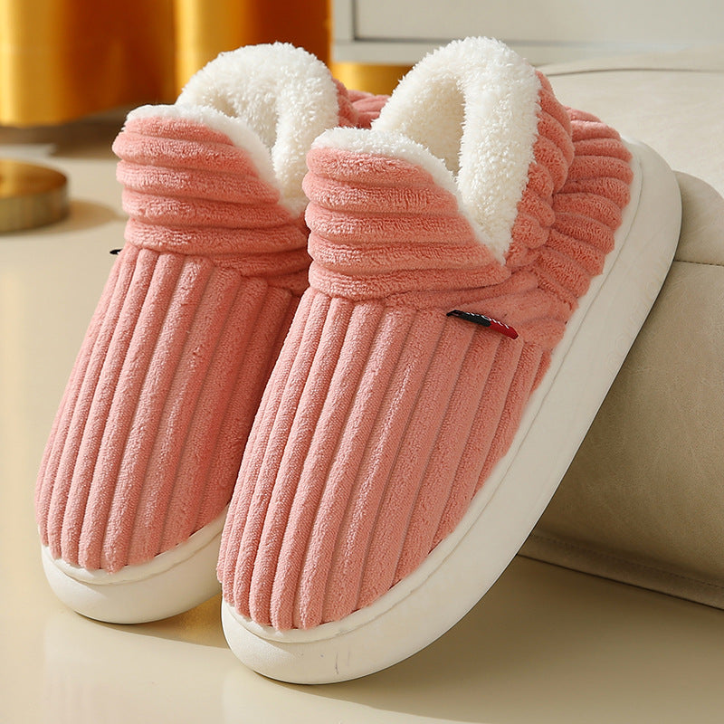 Ribbed plush house shoes with fleece collar