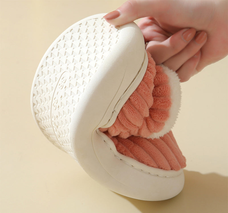 Ribbed plush house shoes with fleece collar