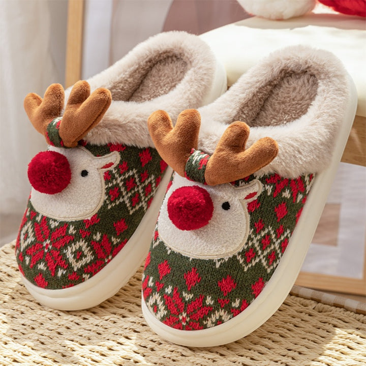 Knit reindeer Christmas slippers with pompom