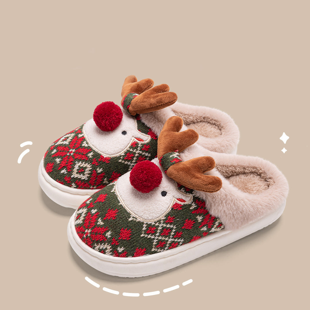 Knit reindeer Christmas slippers with pompom