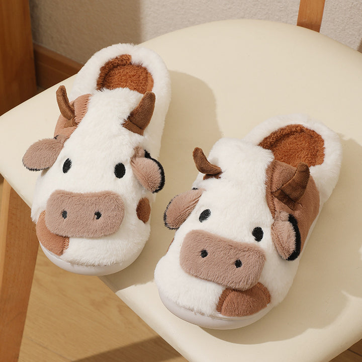 Fluffy cartoon cow house slippers